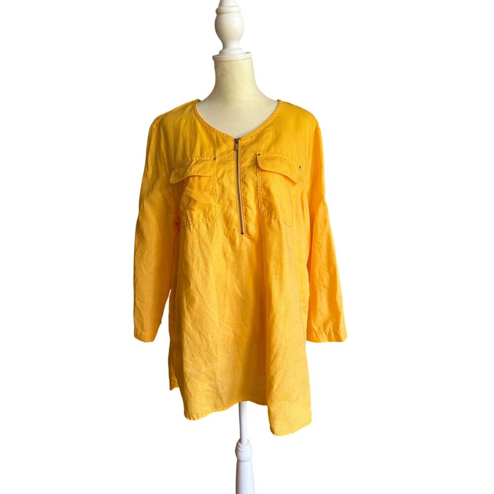 Women's 100% Linen Yellow Jones New York Sport Size Medium Tunic Popover Blouse